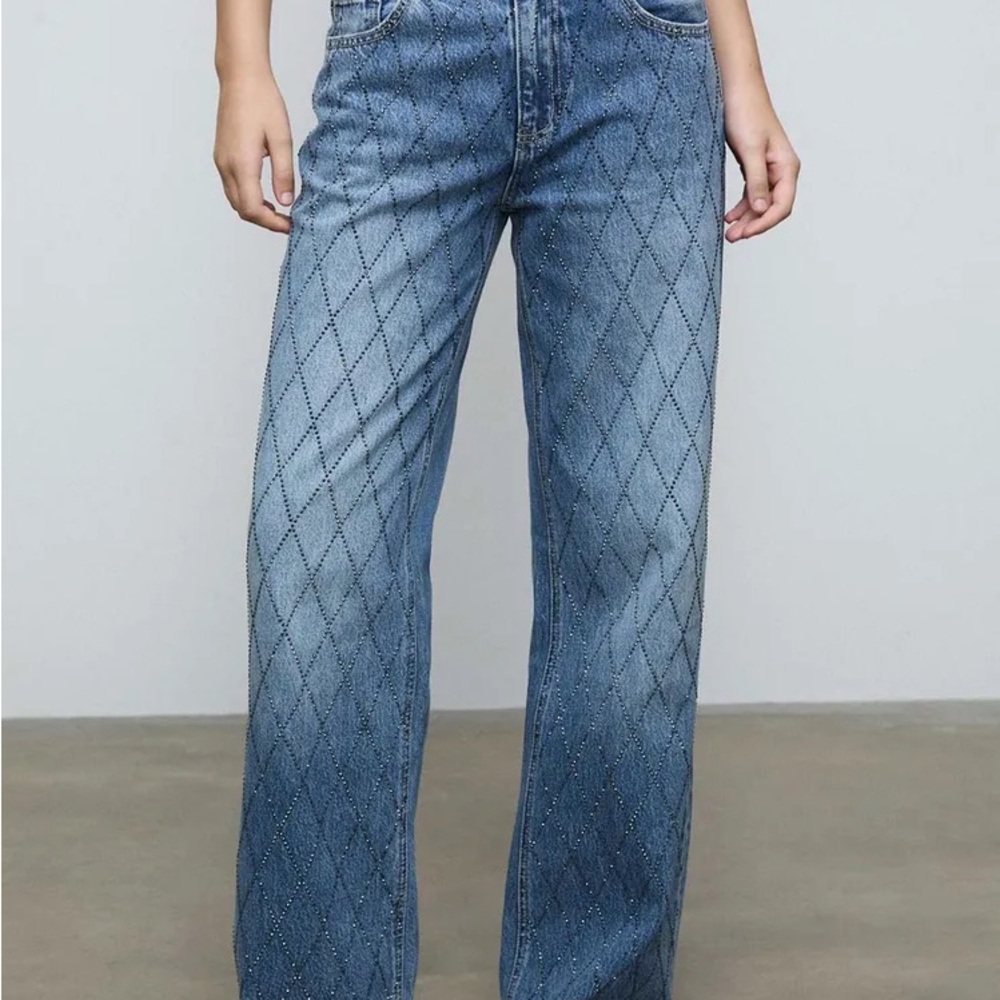 NEW House of Harlow Rhinestone Wide Leg Jeans | Size 4 (27) | light blue - Picture 3 of 13